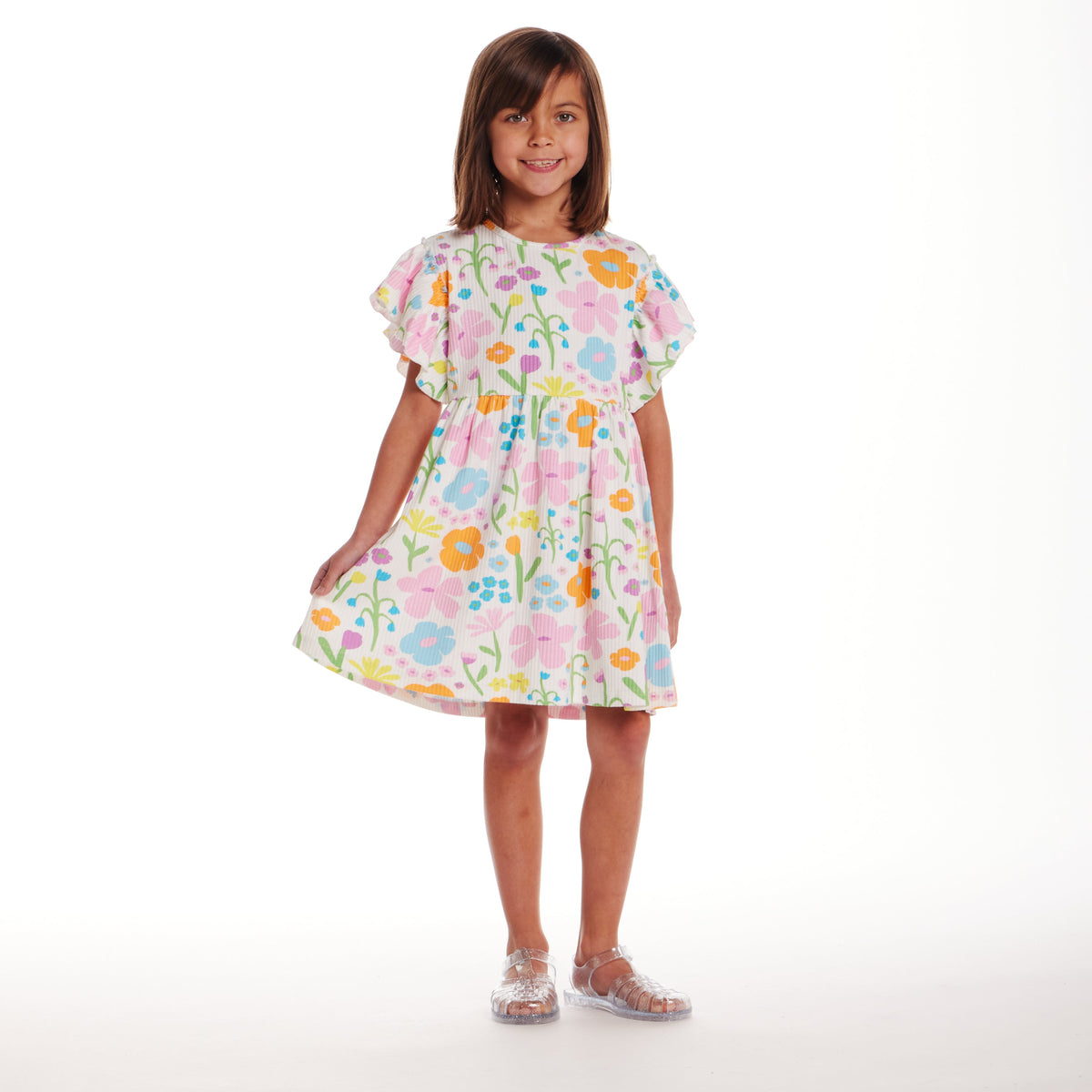Kids (2-6x) White Rib Knit Dress w/ Ruffle Sleeves | Floral Fun