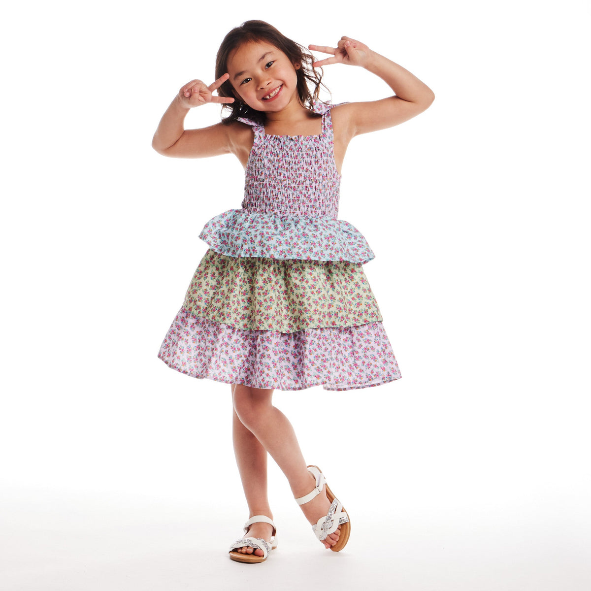 Kids (5-6x) Floral Tiered Dress | Color Blocked