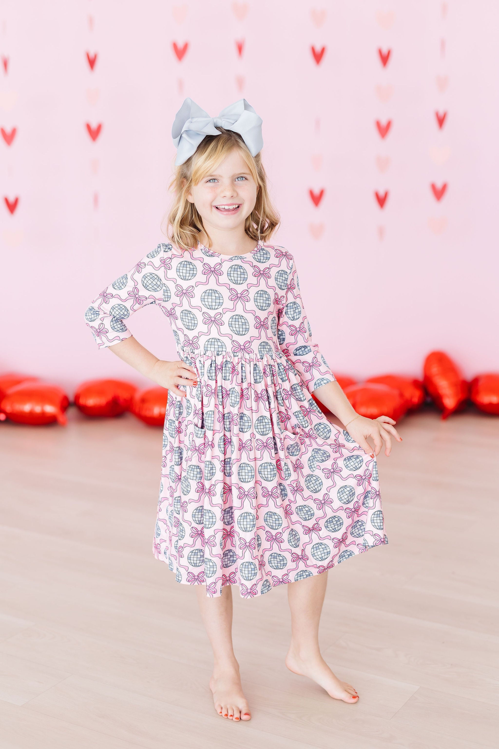 SALE Disco Bows 3/4 Sleeve Pocket Twirl Dress