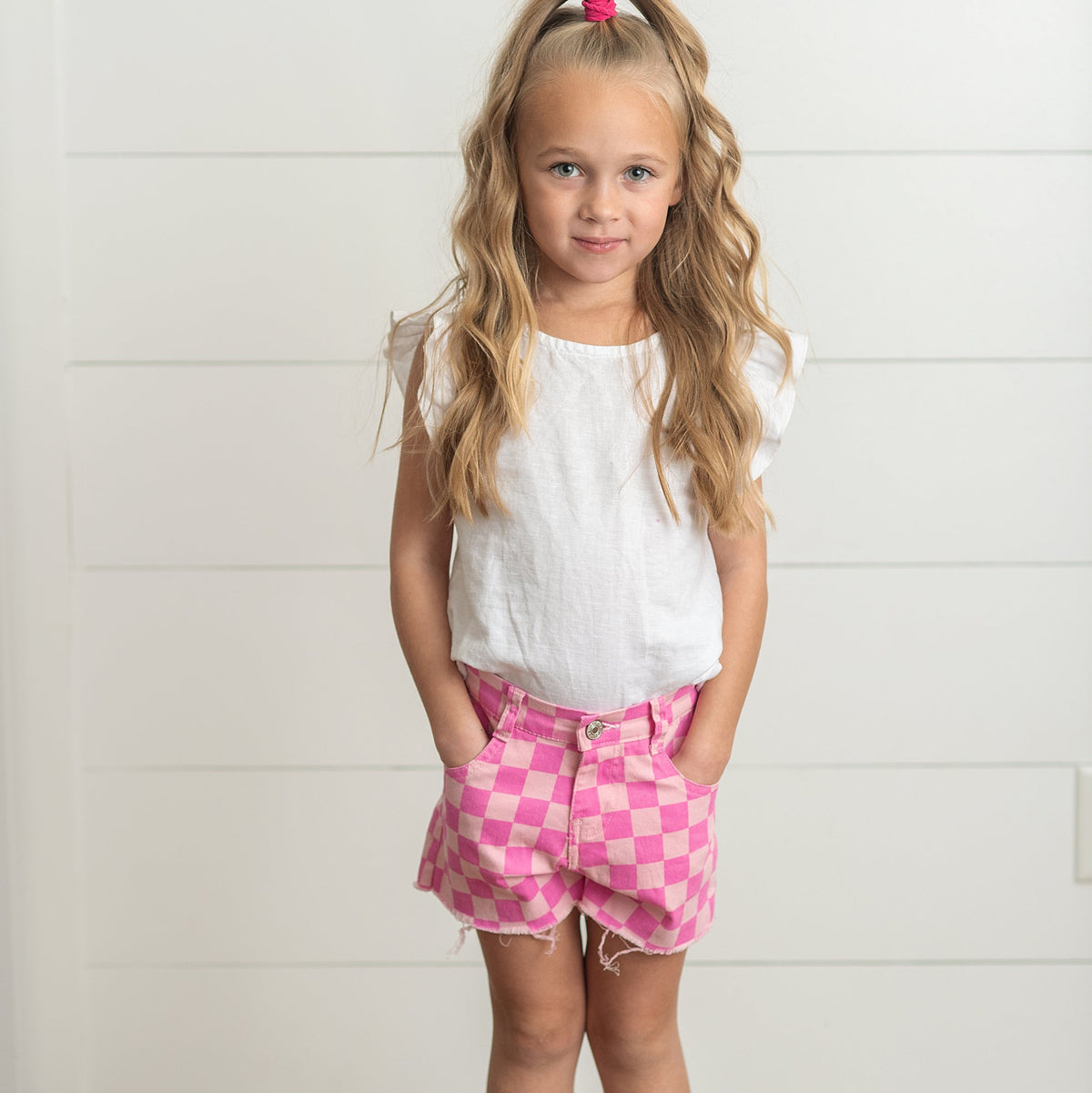 Pink Check Denim Shorts