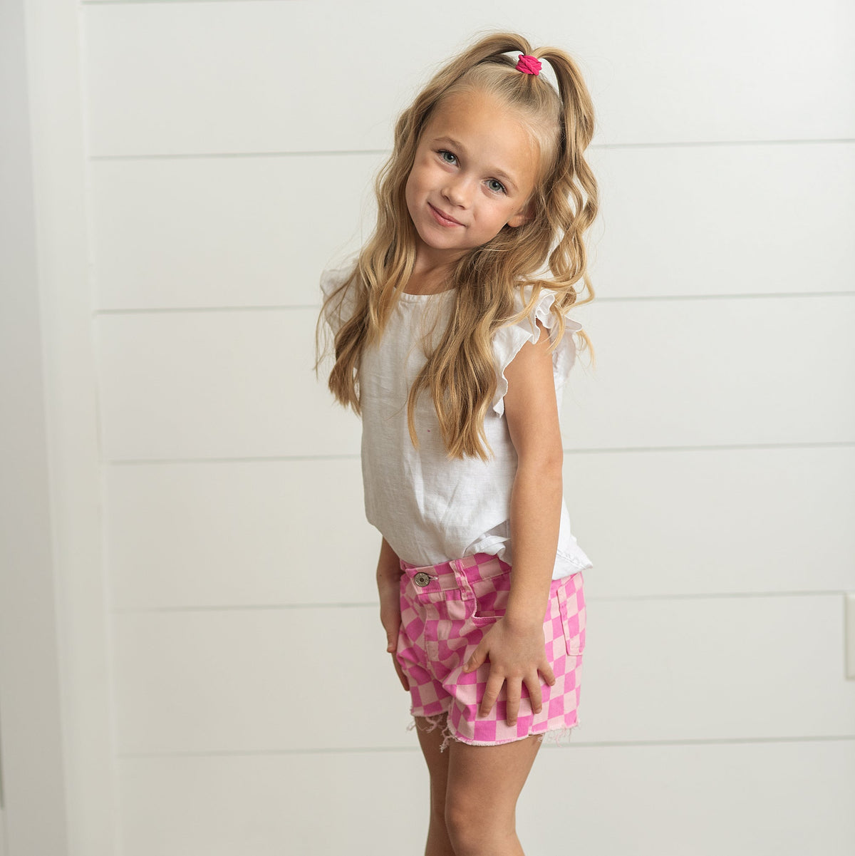 Pink Check Denim Shorts