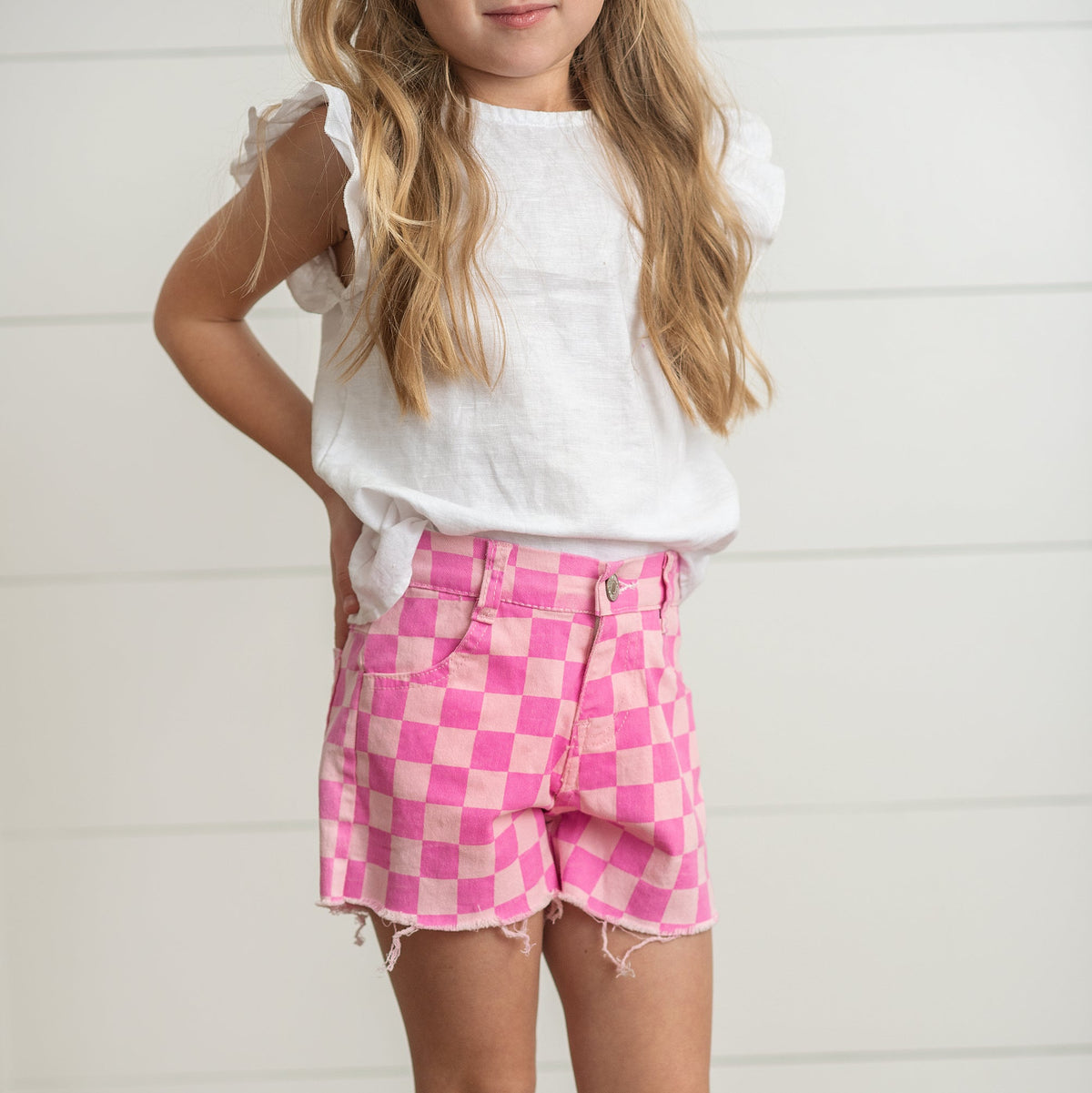 Pink Check Denim Shorts