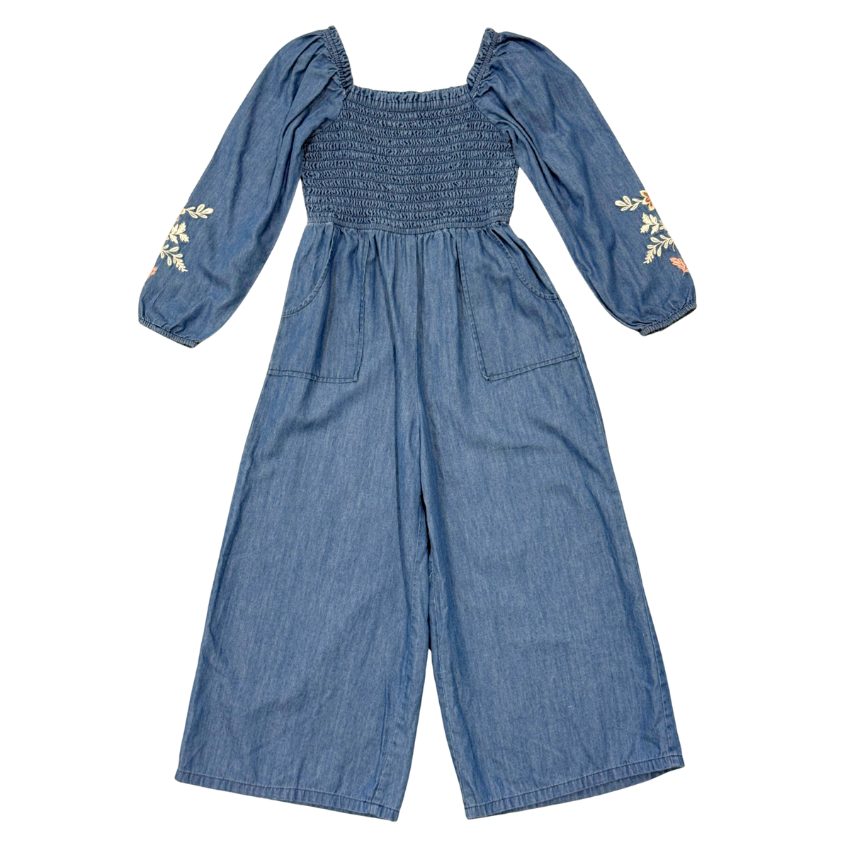 Girls Smocked Embroidery Jumpsuit in Chambray Embroidery