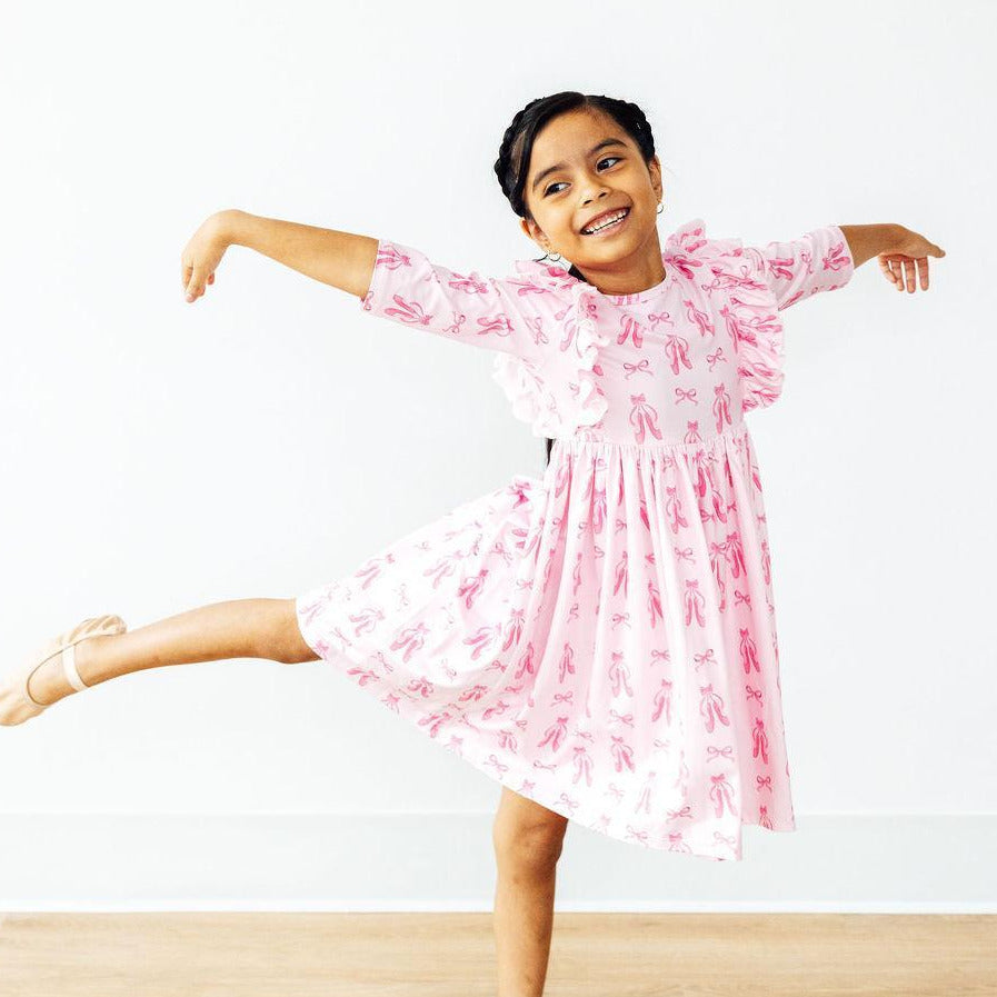 Twirling en Pointe 3/4 Sleeve Ruffle Twirl Dress