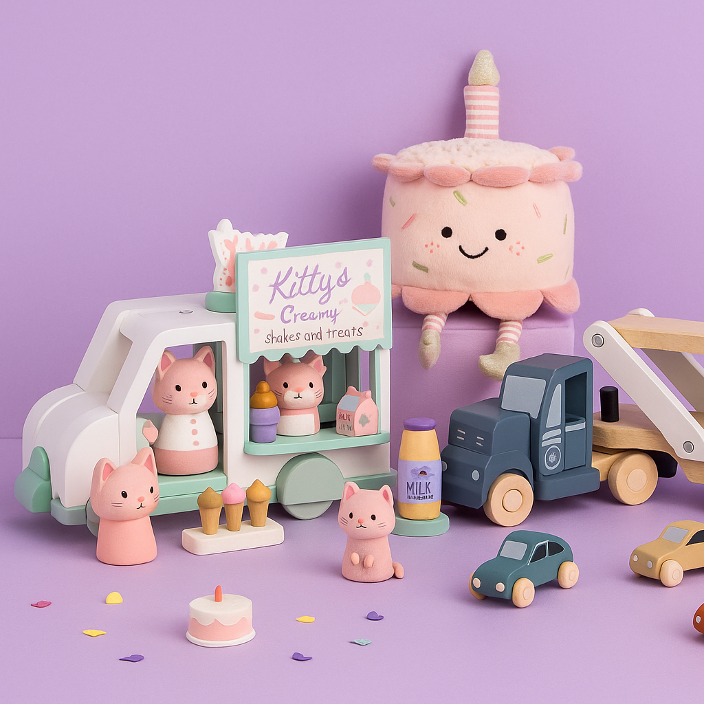 Toy set with a ice cream truck, cat figures, and a cake on a purple background