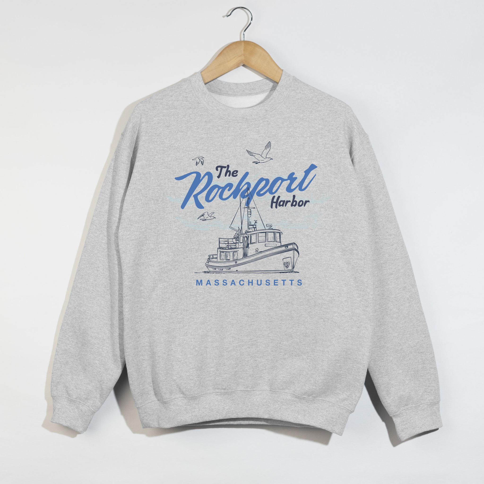 Rockport Harbor Massachusetts Crewneck Sweatshirt – Coastal New England Boat Graphic Pullover