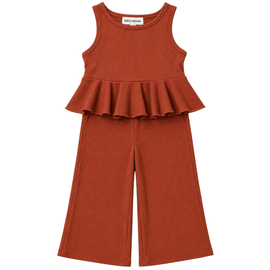 Hattie Peplum Top Two-Piece Wide Leg Set - Copper Ember