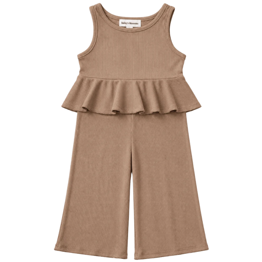 Hattie Peplum Top Two-Piece Wide Leg Set - Oatmilk