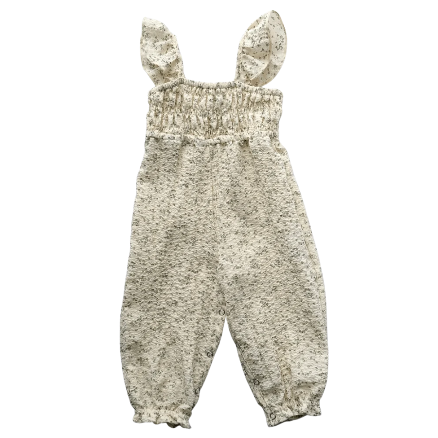 Paisley Smocked Ruffle Jumpsuit - White with Green Leaves