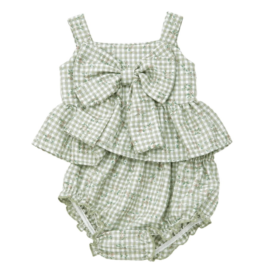 Birdie Bow Front Top & Bloomer Set - Antique Rosette Gingham