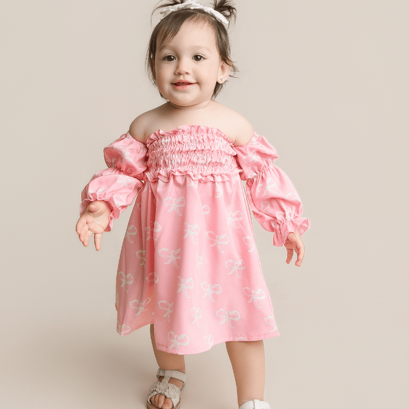 Calliope Puff Sleeve Off Shoulder Dress - Pink Bows