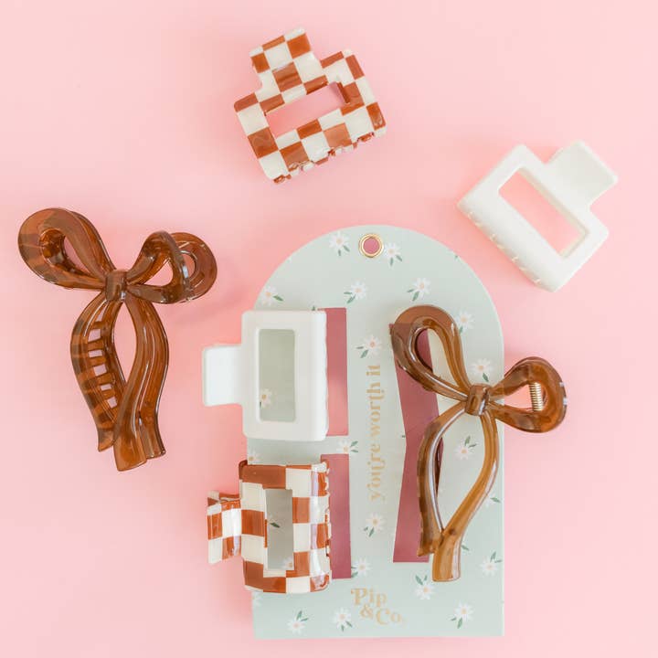 Everyday Chic - Claw Clip Set of 3 – Checker, Cream & Bow