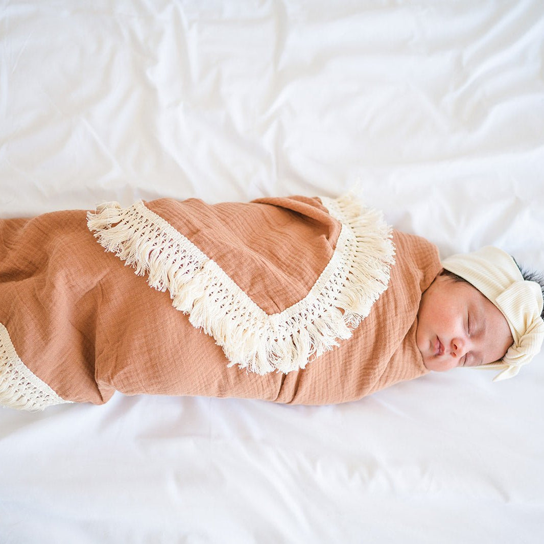 Caramel Fringe Muslin Fringe Swaddle Blanket
