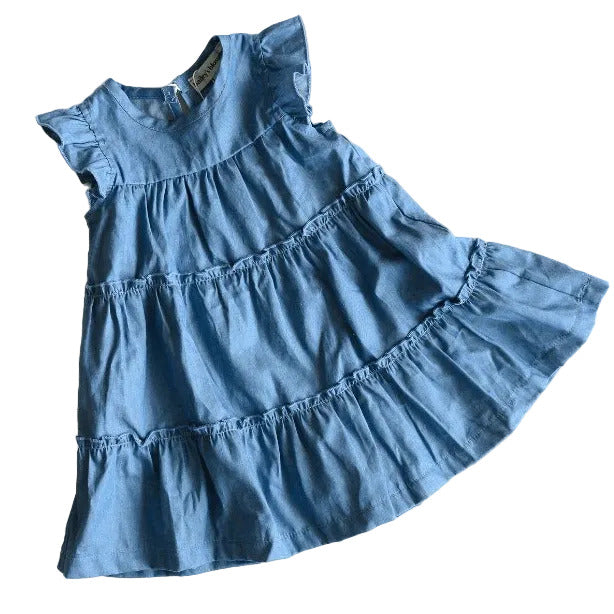 Georgie Tiered Flutter Sleeve Dress - Light Denim