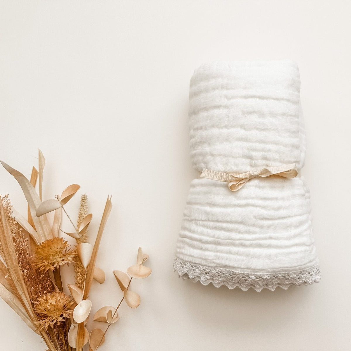 White Lace Organic Muslin Cotton 6-Layer Baby Blanket
