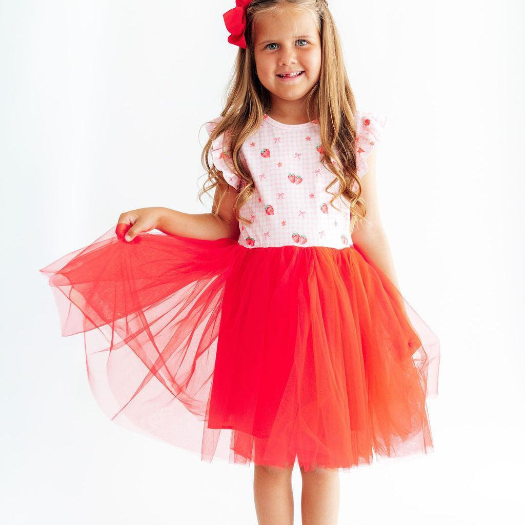 Summer Strawberries Flutter Sleeve Tutu Dress