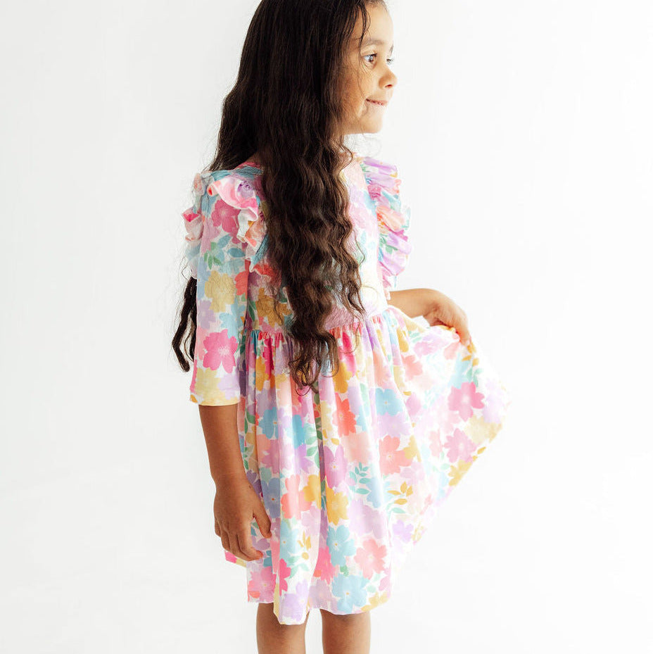 Colorful Carnations 3/4 Sleeve Ruffle Twirl Dress