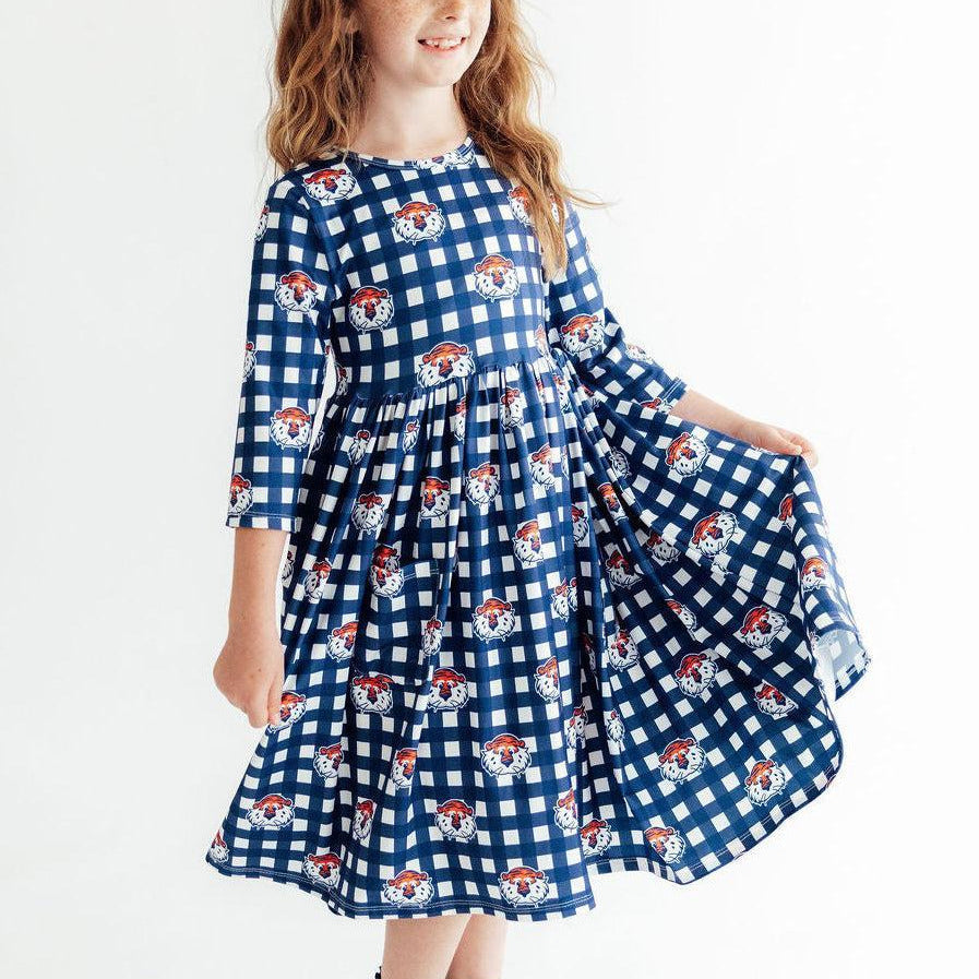 Auburn Plaid Aubie 3/4 Sleeve Pocket Twirl Dress