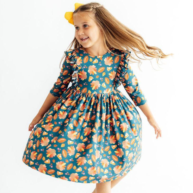Gobble til You Wobble 3/4 Sleeve Ruffle Twirl Dress