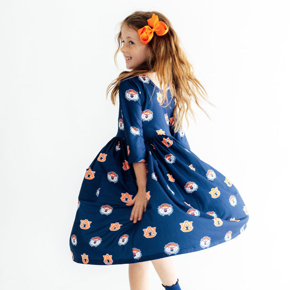 Auburn Blue Aubie 3/4 Sleeve Pocket Twirl Dress