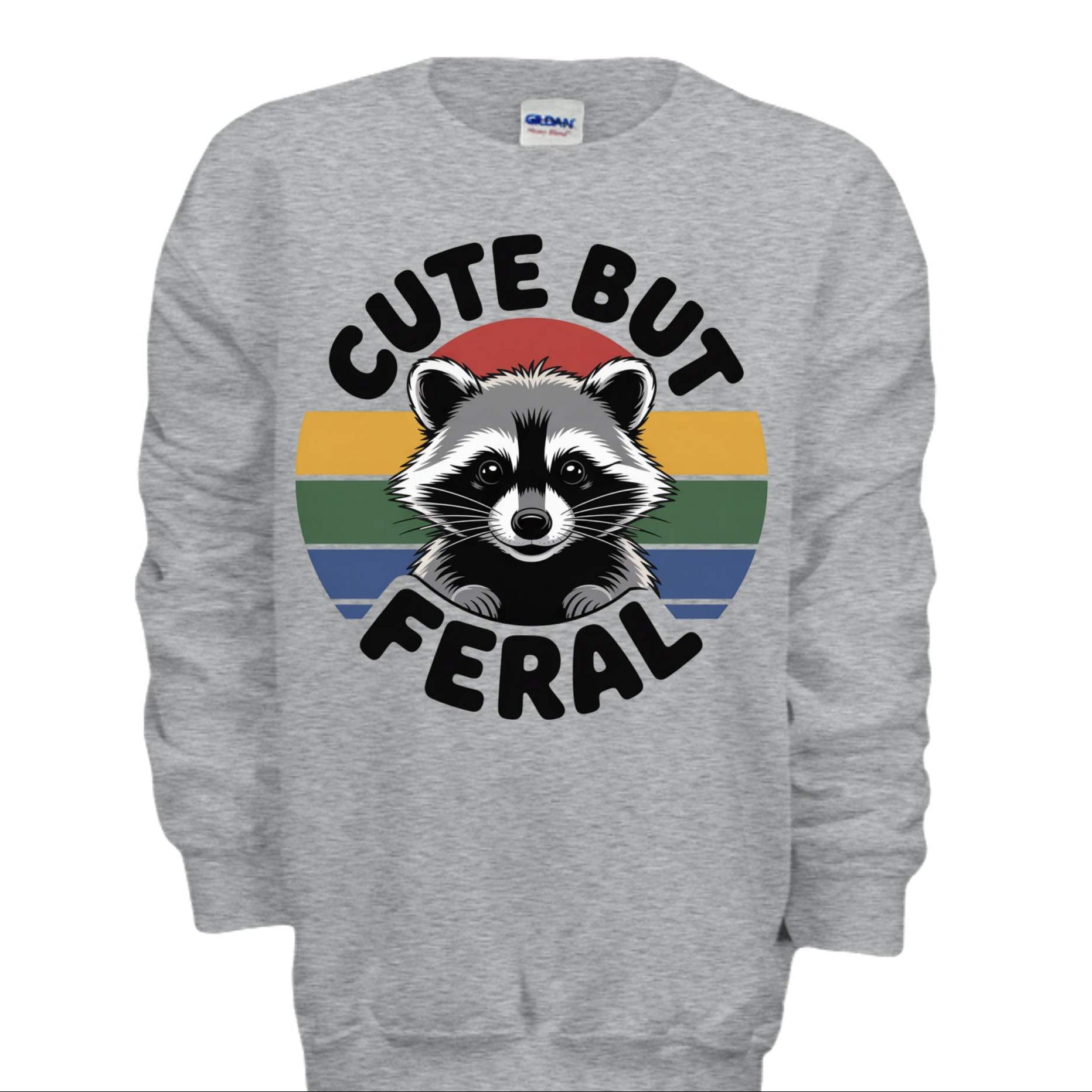 Cute But Feral Raccoon Kids Sweatshirt (Retro Stripe Graphic)