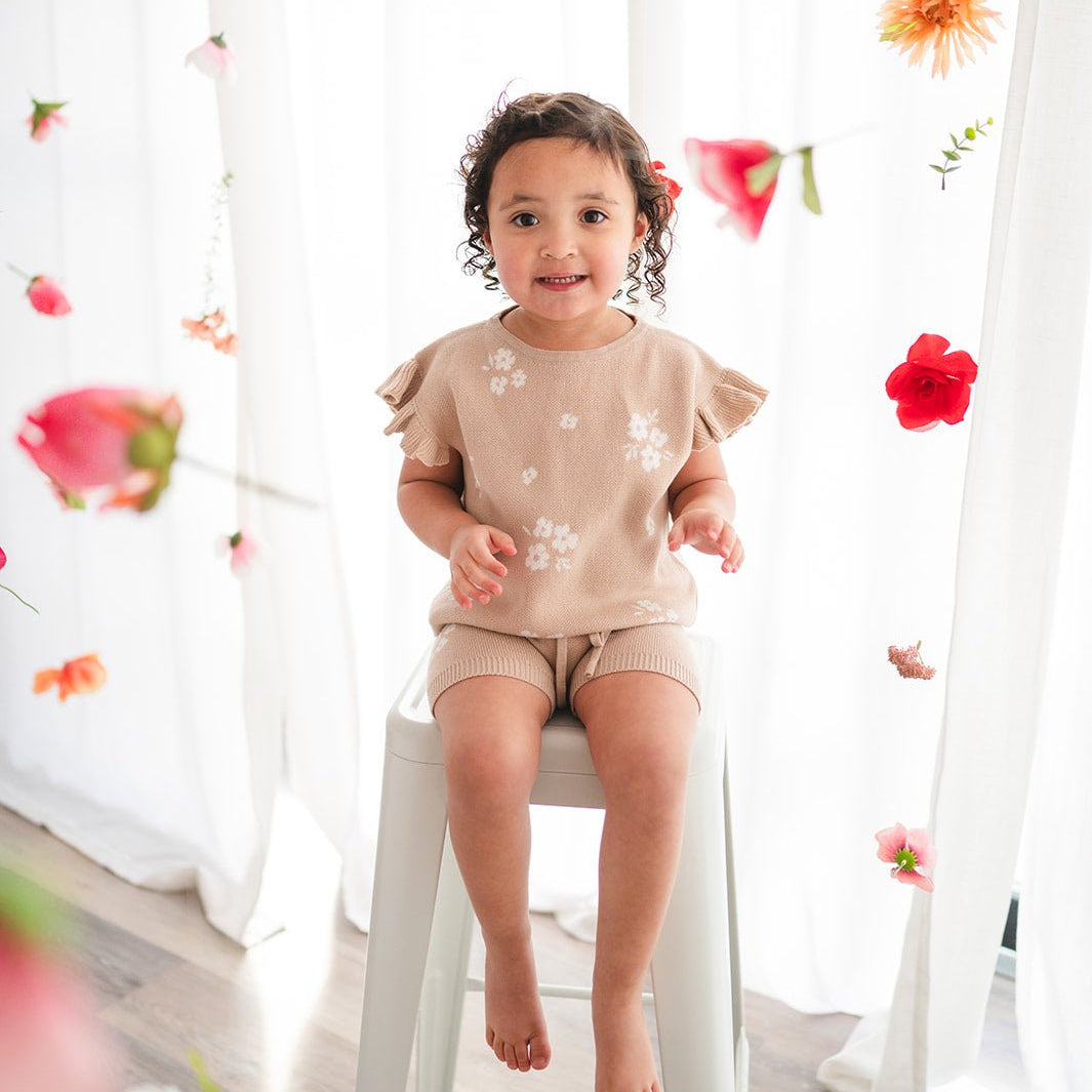 Organic Knit Short Set - Tan Floral