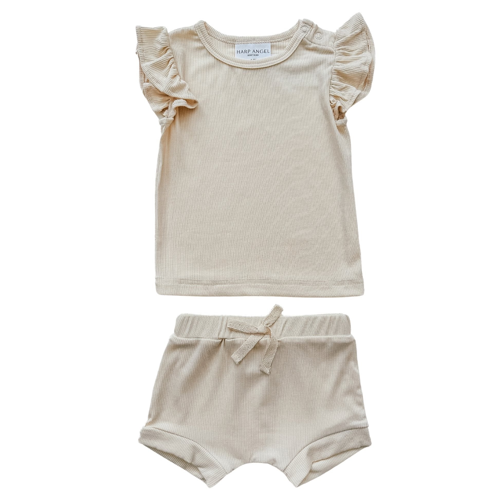 Ruffle Ribbed Short Set - Cream
