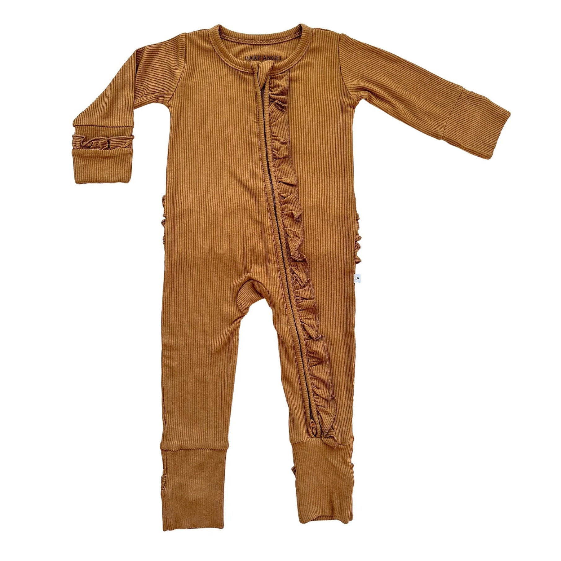Caramel Ribbed Baby Pajamas | Ruffle Zipper Romper