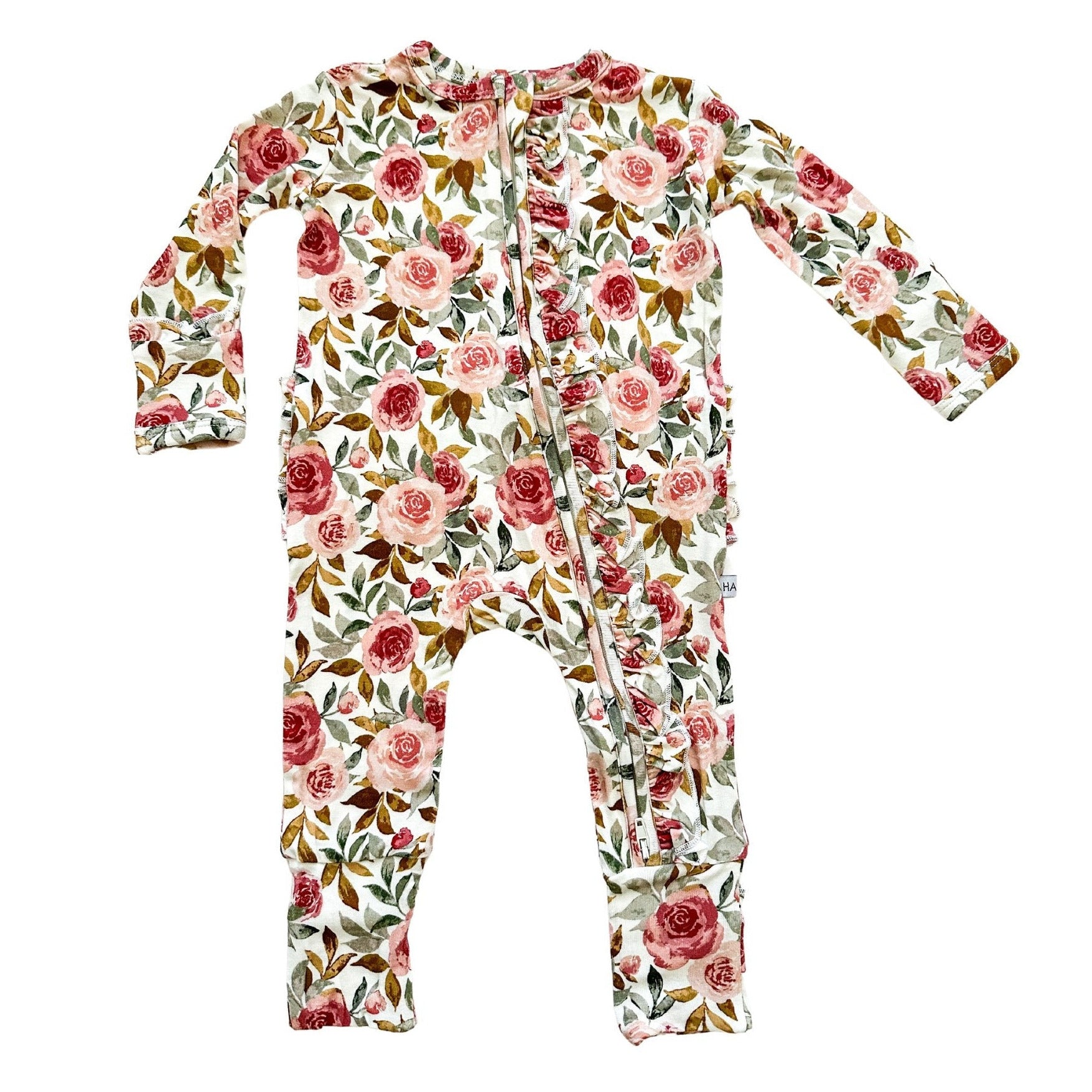 Dusty Pink Floral Baby Pajamas | Ruffle Zipper Romper