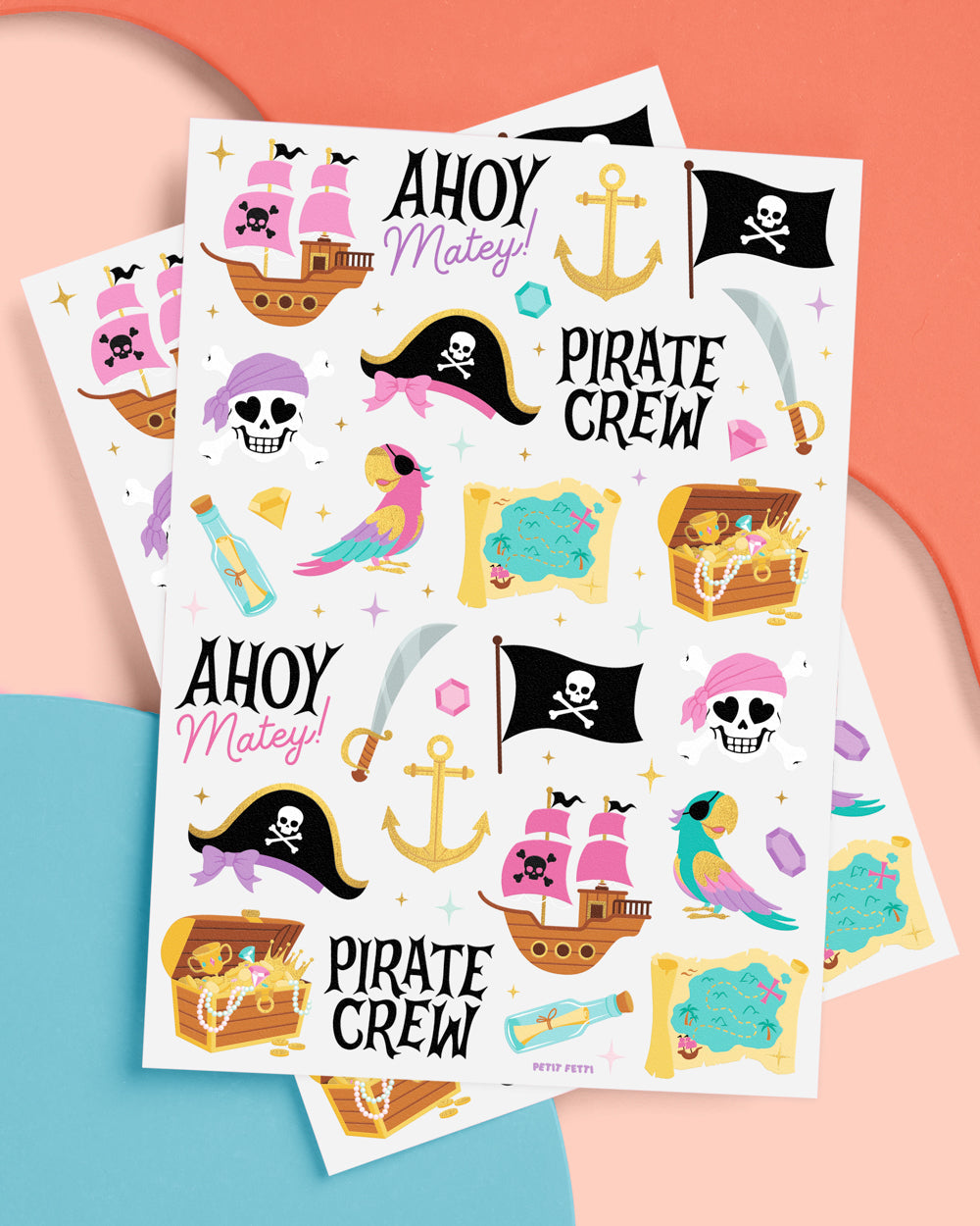 Pirate Crew Tats - 48 pink + gold foil temporary tattoos