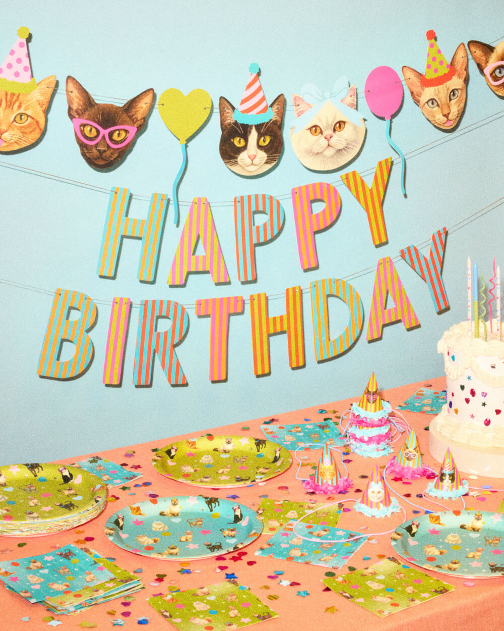 Cat Bday Bundle - banner, napkins, plates + party hats