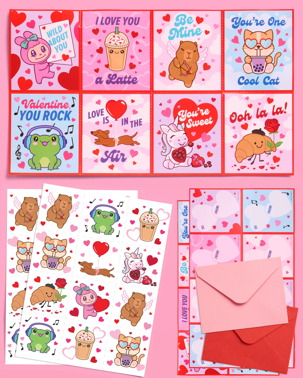 Kawaii V-Day Card Set - 24 cards + tattoos
