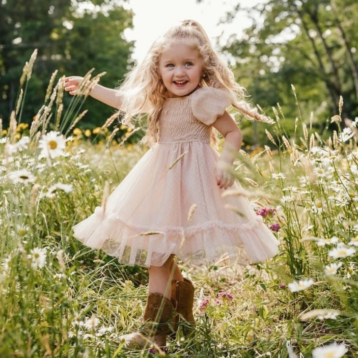 Smocked Dots Tulle Dress - Champagne