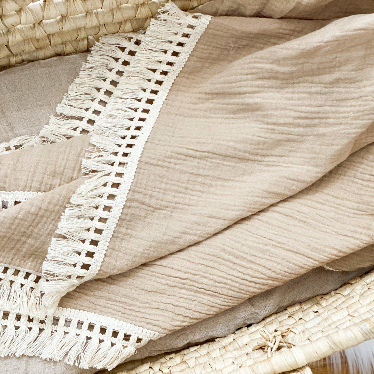 Tan Fringe Muslin Swaddle Blanket