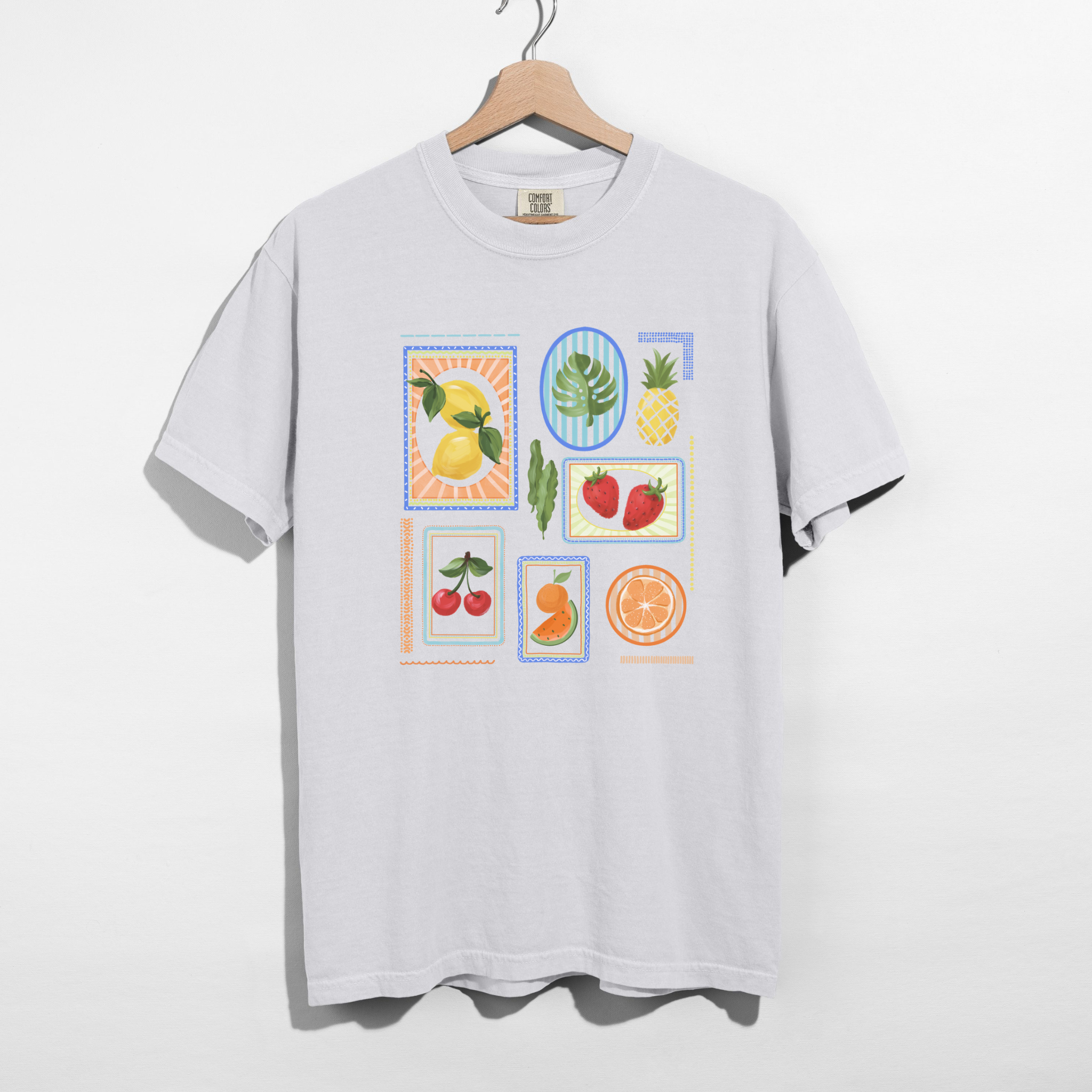 Retro Fruit Block Graphic Tee – Citrus Strawberry Cherry Summer Shirt